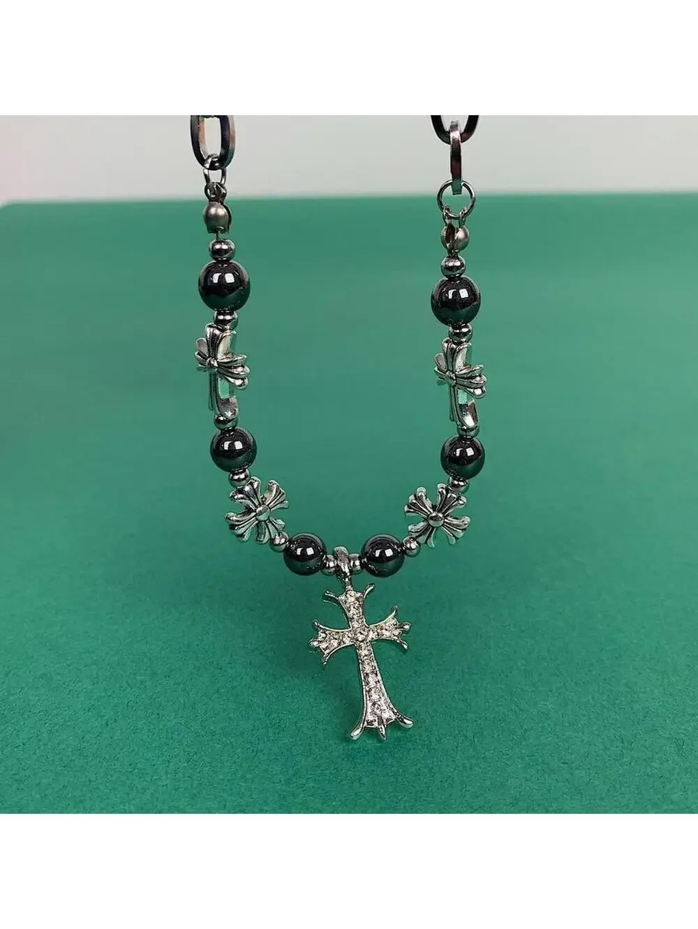 Black pearl rhinestone silver cross pendant necklace. Stainless steel. 22